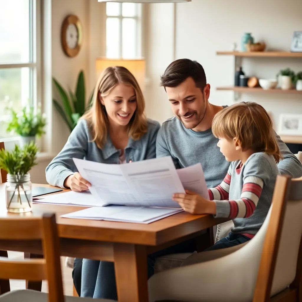 Gezin dat samen aan tafel financiën bespreekt