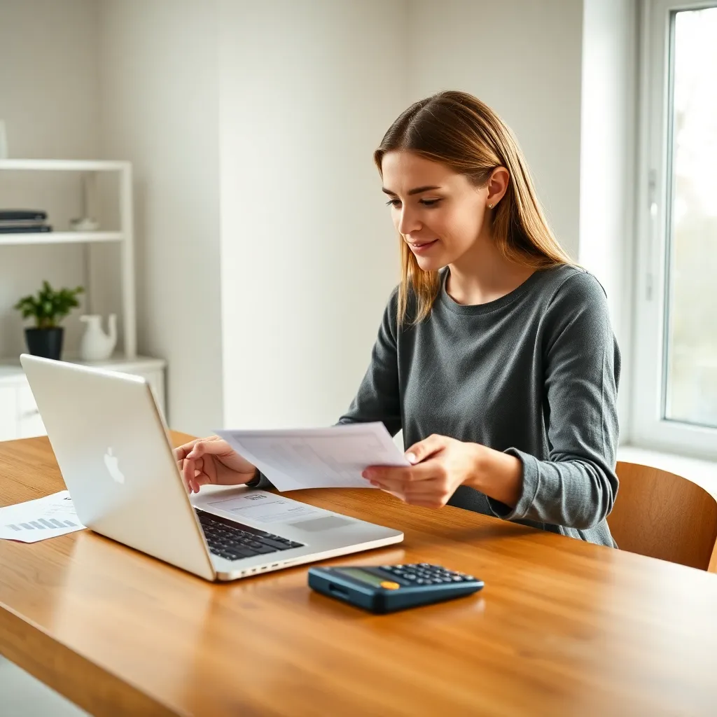 Persoon die budgetplanning doet op laptop met financiële documenten